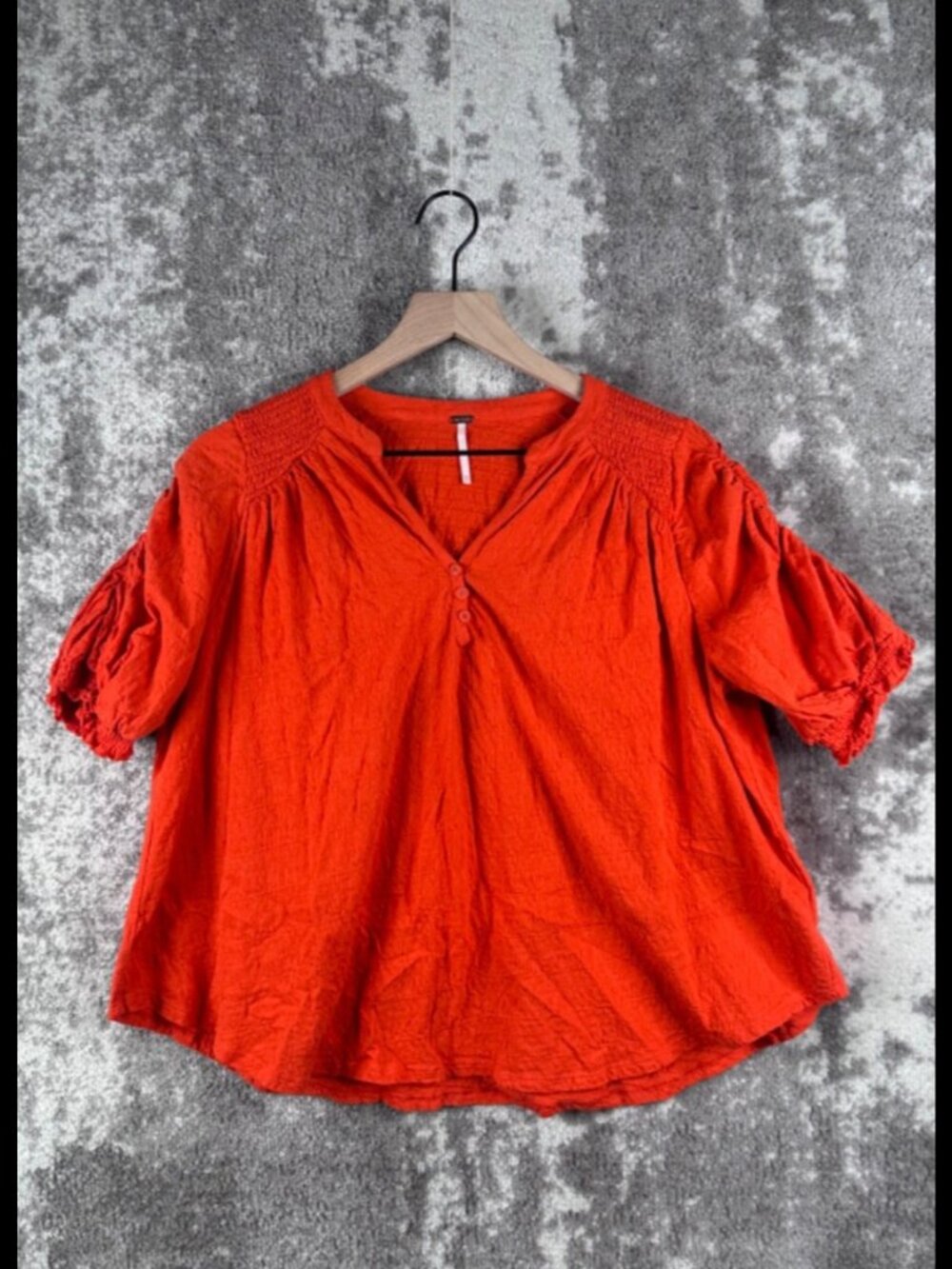 Free People Shirt XS Womens Red Orange Short Sleeve Henley Smocked Blouse